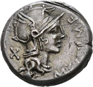 M. Cipius M. F. 115-114 f.Kr., denarius. Hode av Roma mot høyre/Victoria i biga mot høyre