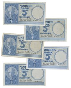 Lot 5 stk. 5 kroner 1960 H (2), 1961 I, 1962 J og 1962 K