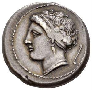CAMPANIA, Neapolis, 275-270 f.Kr., didrachme (7,32 g). Hode av nymfe mot venstre/Okse med menneskehode gående mot høyre