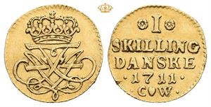 1 skilling 1711. Gullavslag/gold strike. (1,67 g)