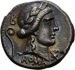 C. Servilius Vatta 82 eller 80 f.Kr., denarius. Hode av Apollo mot høyre/To ryttere i kamp