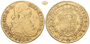Colombia. Carl IV, 8 escudos 1806. Popayan. Blankettfeil/planchet flaws
