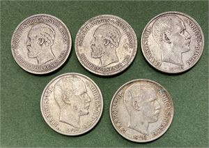 Lot 5 stk. 1 krone 1889, 1897, 1908 plate, 1914 og 1915