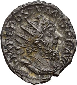 Postumus 260-269, antoninian, Treveri 266 e.Kr. R: Aesculapius stående
