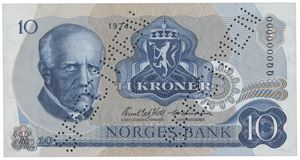 10 kroner 1974. QQ0000000. Perforert "SPECIMEN". R