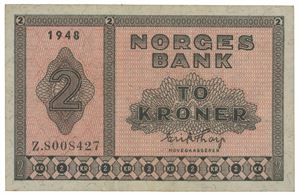 2 kroner 1948. Z.8008427. Erstatningsseddel/replacement note. RRR