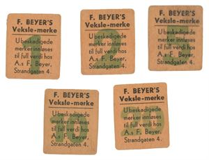 A/S F. Beyer, Bergen, Komplett serie 5 stk. 20-, 10-, 5-, 2- og 1 øre