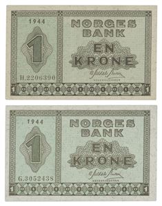 Lot 2 stk. 1 krone 1944. G3052438 og H2206390