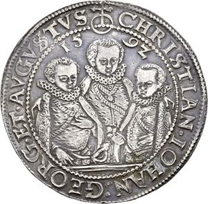 Sachsen, Christian II, Johann Georg & August, taler 1592. Har vært anhengt/has been mounted