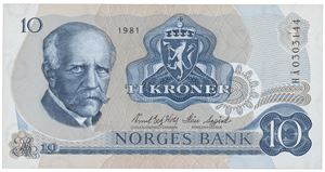 10 kroner 1981. HÅ0303144. Erstatningsseddel/replacement note