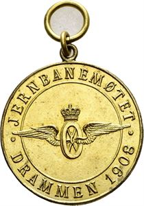 Jernbanemøtet Drammen 1908. Forgylt bronse med hempe. 25 mm