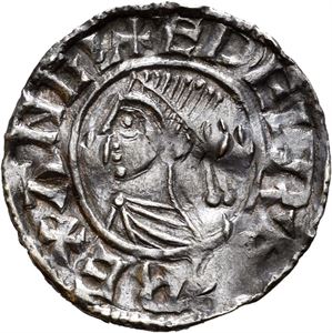 Aethelred II 978-1016, penny small cross type, Leicester, myntmester Goda (1,21 g). Testmerker og svakt buklet/test cuts and slightly creased