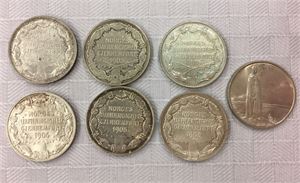 Lot 7 stk. 2 kroner 1906, 1907 (3), 1907 m/g (2, begge anhengt) og 1914 jubileum