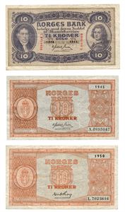 Lot 3 stk. 10 kroner 1943 C samt 3.utgave 10 kroner 1945 A og 1950 L.