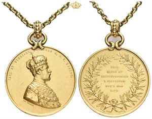 Karl XV. Kroningsmedalje 1860. RRR. Ahlborn. Gull med originalt kjede