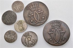 Norge, Christian VII, lot 7 stk. 2 skilling 1803 (2), 1 skilling 1768, 1769, 1771 (2) og 1780