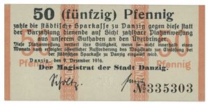 50 pfennig 9.12.1916. No. 335303. Minimale nålehull/tiny pinholes
