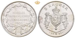 2 kroner 1907 Korslagte gevær.  Flekk.