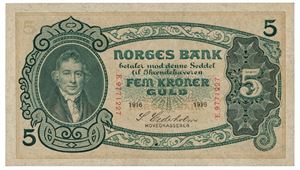 5 kroner 1916. E9771227. SSS. Ikke registrert i denne kvalitet i Norske Pengesedler i denne kvaliteten.
