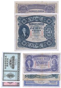 Lot 4 stk. 100 kroner 1942 B, 50 kroner 1943 C, 10 kroner 1931 R og 5 kroner 1925 J