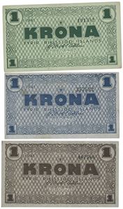 Lott 3 stk. 1 króna 1941 i blå, brun og grønn farge