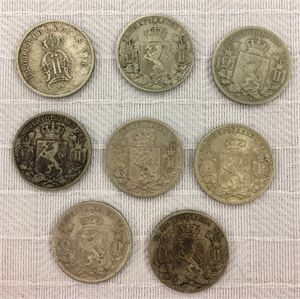 Lot 8 stk. 25 øre 1876, 1896, 1898, 1899, 1900, 1901, 1902 og 1904