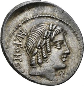 Mn. Fonteius C. F. 85 f.Kr., denarius. Hode av Apollo mot høyre/Geit mot høyre innenfor laurbærkrans