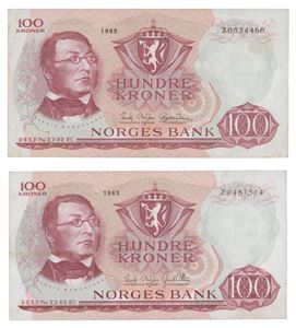 Lot 2 stk. 100 kroner 1965. Z0487514 og Z0534460. Erstatningssedler/replacement notes