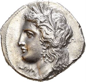 LUCANIA, Metapontion. 330-290 BC. AR didrachm (7,82 g). Wreathed head of Demeter left. Magistrate name ?OPI below chin / META, Grain ear with leaf to left; pitchfork above leaf to left; A? below leaf. Some die wear on obverse and small die break on reverse. Lusterous and lightly toned.