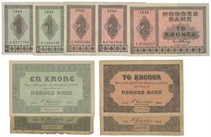 Lott 9 stk. 2 kroner 1922/1948 x5, samt 1 krone 1917/1947 x4