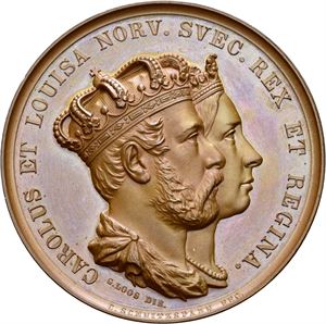 Carl XV. Universitetets minnemedalje til kroningen i 1860. Schnitzpahn. Bronse. 41 mm. I original eske. Prakteksemplar/choice