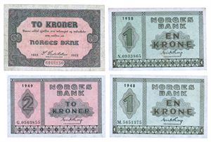 Lot 4 stk. 2 kroner 1922, 1949 G og 1 krone 1948 M, 1950 N