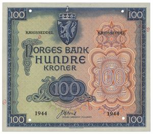 100 kroner London 1944. Prøvetrykk med fire hull/printers proof with no hole. RRR. Påført markeringer/added marks