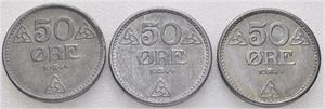 50 øre 1944. Lott 3 stk.