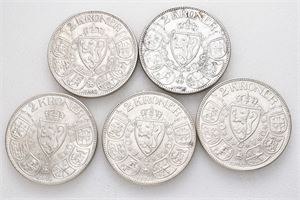 Haakon VII, lot 5 stk. 2 kroner 1912, 1913, 1914, 1916 og 1917