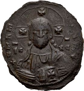 Basil II & Constantin VIII 976-1025, Æ anonymus follis, Constantinople. Byste av Kristus/Tekst i 4 linjer