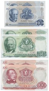 Lott 6 stk. 100 kroner 1972 T, 1975 Å, 50 kroner 1981 L, 1983 N, 10 kroner 1976 AO og 1978 BS