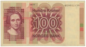 100 kroner 1977. QE0022139. Erstatningsseddel/replacement note