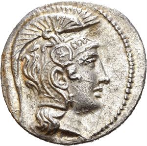ATTICA, Athen. 165-142 BC. AR tetradrachm (16,93 g). Dorothe-, Dioph-, and Nik(o)do-, magistrates, struck 132/1 BC. Head of Athena in Attic helmet to right / A&Theta;E, Owl standing 3/4 right on amphora; magistrates&rsquo; names in fields; to right, forepart of lion right; H on amphora, &Delta;I below; all within wreath. Small die break on obverse. Small scratch and tiny spot of corrosion on obverse. Lustrous and lightly toned. An appearently rare variant with very few specimens in the auction archive from the past 20 years.