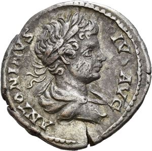 Caracalla 198-217, denarius, Roma 201 e.Kr. R: Trofe og to sittende fanger