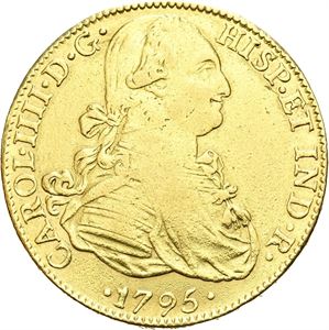Carl IV, 8 escudos 1795. Har vært anhengt/has been mounted
