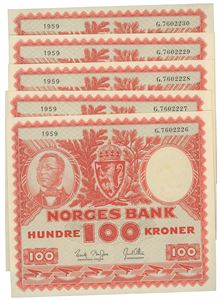 100 kroner 1959 G.7602226 - 7602230 ( 5 stk )
