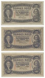 Lot 3 stk. 10 kroner 1942 A, B og 1943 V
