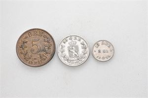 Lot 3 stk. 50 øre 1901, 10 øre/3 skilling 1874 og 5 øre 1907