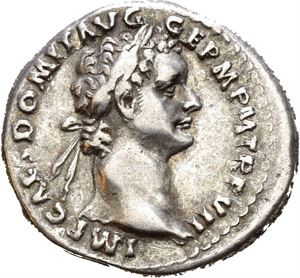 Domitian. AD 81-96. AR denarius, Roma AD 88, (3,43 g). Laureate head right / IMP XIIII COS XIIII CENS P P P, Minerva standing left, holding spear and supporting hand on side. A few tiny marks. Lightly toned.