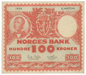 Norway. 100 kroner 1956. E0087590. Liten brettrift/minor tear