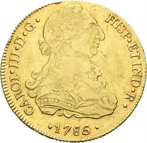 Carl III, 8 escudos 1786. Potosi. Justermerker/adjustment marks