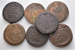 Catharina II, lot 7 stk. 5 kopek AM; 1790, 1791, 1792, 1793, 1794, 1795 og 1796