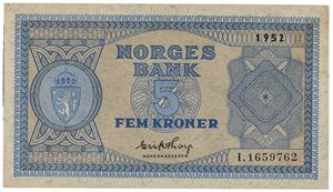 5 kroner 1952. I1659762. Liten flekk/minor spot