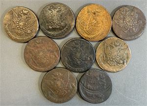 Elizabeth og Catharina II, lot 9 stk. 5 kopek vesentlig EM